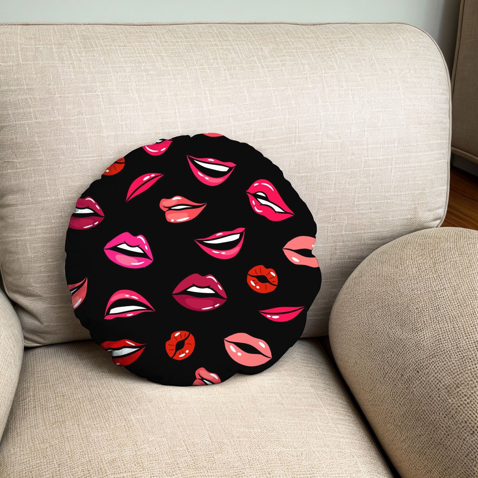 Lip Print Round Decorative Throw Pillow for Indoor Home Decor
