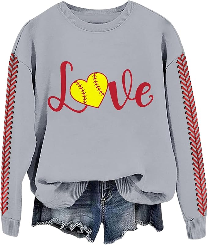 Baseball Mom Sweatshirt For Women Heart Printed Crewneck Long Sleeve 2025 Pullover Tops