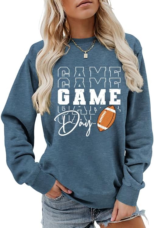 Game Day Sweatshirts for Women Football Fan Sweatshirt Letter Graphic Print Pullover Crewneck Long Sleeve Top