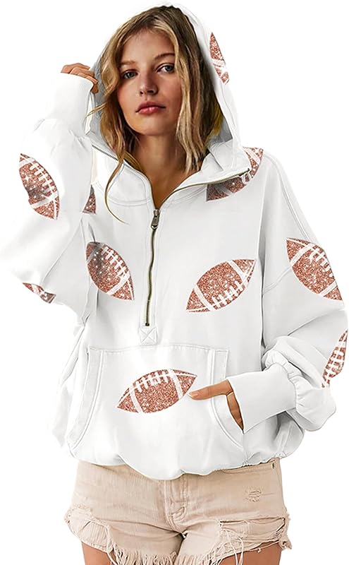 Womens Game Day Sweatshirts Football Sequin Hoodies Tailgate Outfits Long Sleeve Zipper Sweaters with Pocket