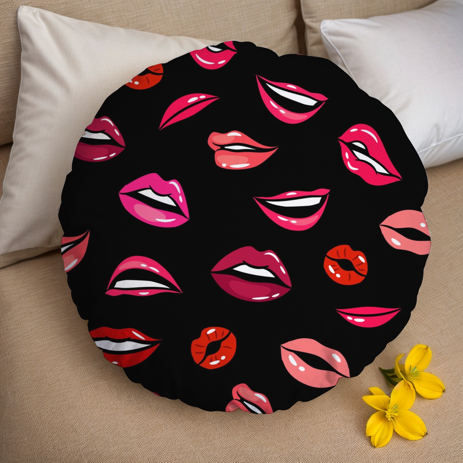 Lip Print Round Decorative Throw Pillow for Indoor Home Decor