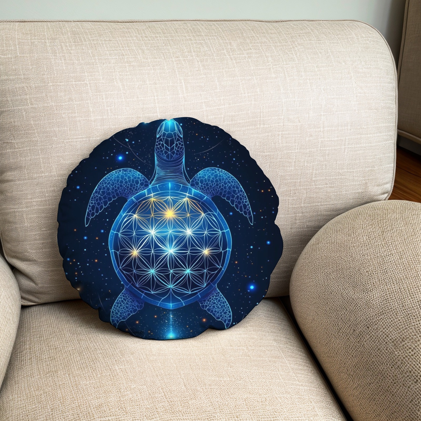 Mystical Sea Turtle Print Round Throw Pillow, for Outdoor White Rocking Chair, Couch, Sofa, Bed, 18 Inch, Navy Blue-Pixelunique