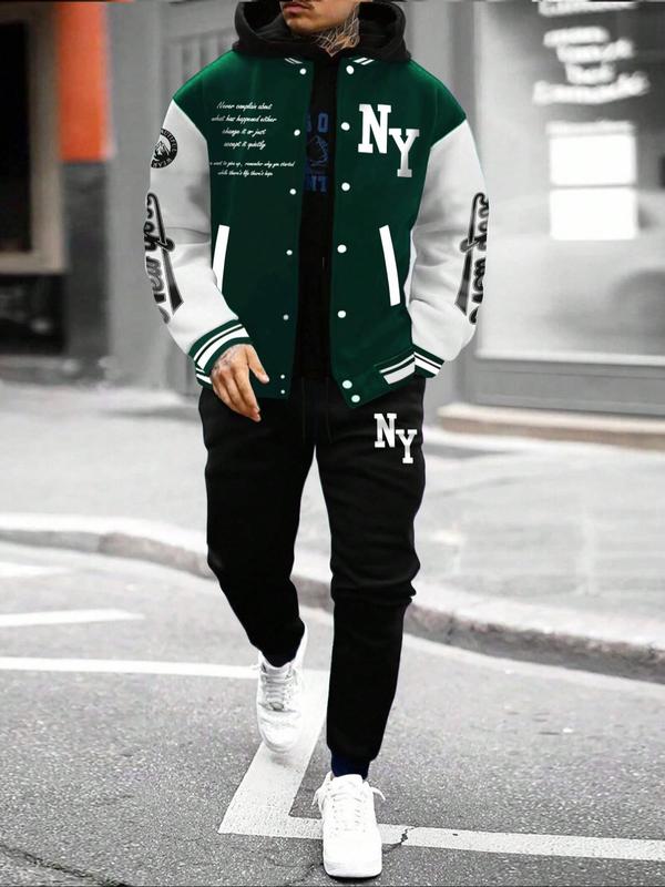 Men's Letter Print Slogan Baseball Jacket & Pants Two-piece Set, Loose Casual Long Sleeve Baseball Collar Outerwear & Trousers for Daily Wear, Men's Two-piece Outfits for Fall & Winter