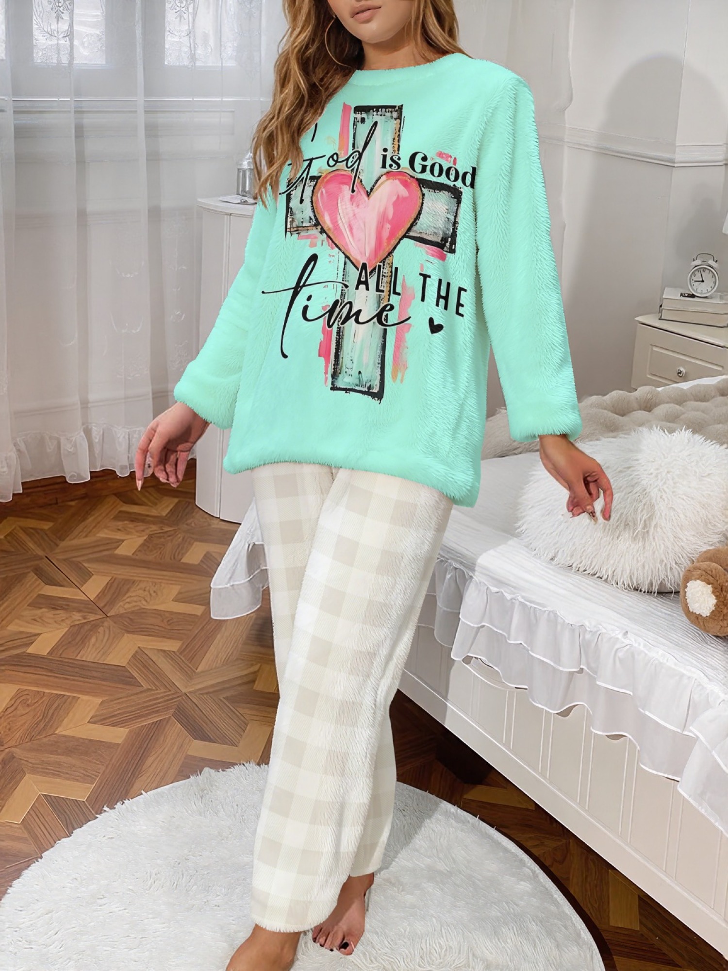 Winter Flannel Women's Pajama Set, Valentine's Day Fun Print Set, Comfortable and Warm Round Neck Long Sleeve Top, Stylish Classic Plaid Print Trousers, Loungewear, Sleepwear Set, Gift