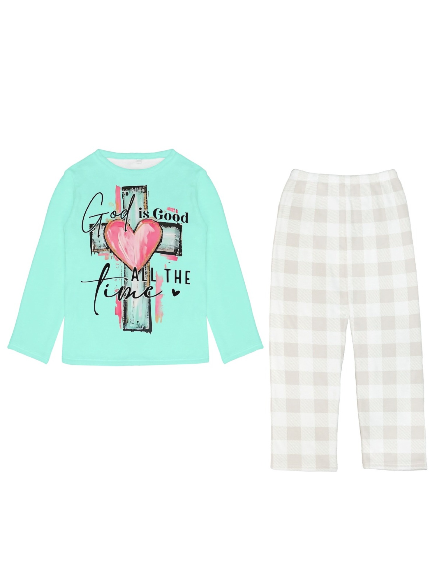 Winter Flannel Women's Pajama Set, Valentine's Day Fun Print Set, Comfortable and Warm Round Neck Long Sleeve Top, Stylish Classic Plaid Print Trousers, Loungewear, Sleepwear Set, Gift