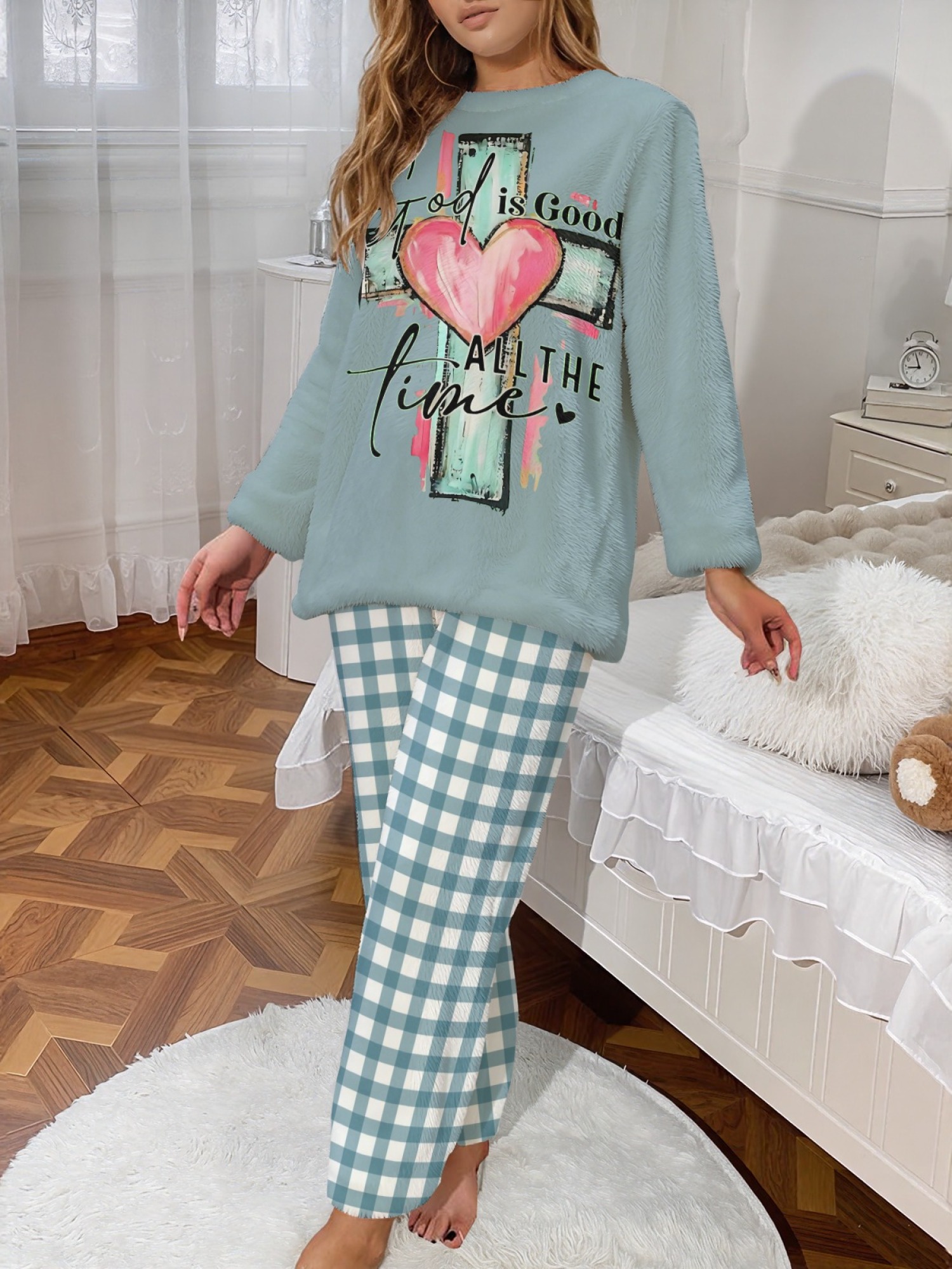 Winter Flannel Women's Pajama Set, Valentine's Day Fun Print Set, Comfortable and Warm Round Neck Long Sleeve Top, Stylish Classic Plaid Print Trousers, Loungewear, Sleepwear Set, Gift