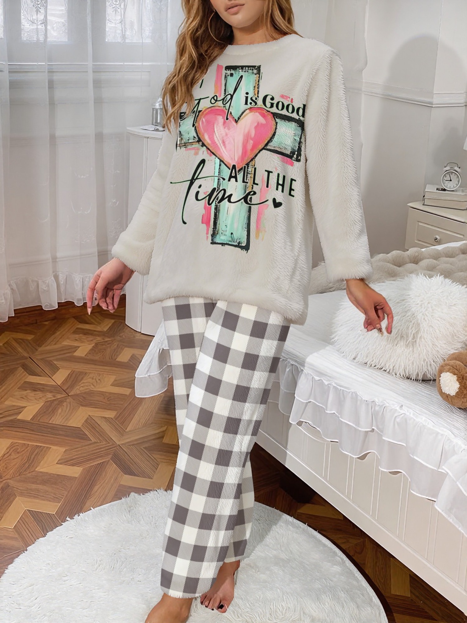 Winter Flannel Women's Pajama Set, Valentine's Day Fun Print Set, Comfortable and Warm Round Neck Long Sleeve Top, Stylish Classic Plaid Print Trousers, Loungewear, Sleepwear Set, Gift