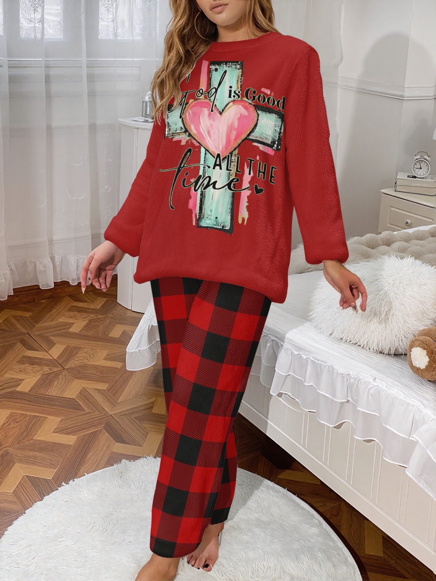 Winter Flannel Women's Pajama Set, Valentine's Day Fun Print Set, Comfortable and Warm Round Neck Long Sleeve Top, Stylish Classic Plaid Print Trousers, Loungewear, Sleepwear Set, Gift