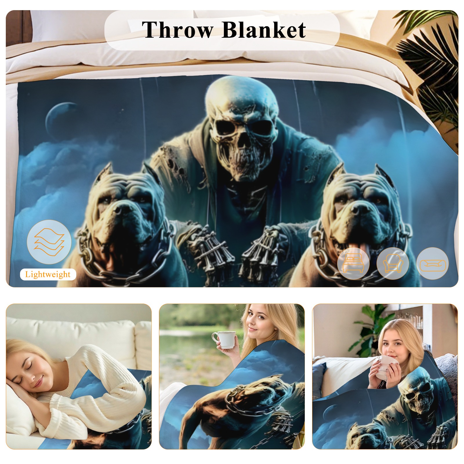 Skull & Bulldogs Throw Blanket, Lightweight Flannel with Bold Graphic Design, Cozy for Adults & Kids, Unique Home Decor-Pixelunique