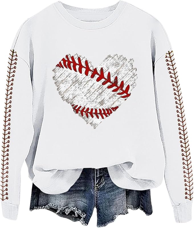 Baseball Mom Sweatshirt For Women Heart Printed Crewneck Long Sleeve 2025 Pullover Tops