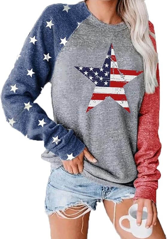 Womens Long Sleeve Shirt Baseball Shirt Mom Shirt American Flag Shirt Star Sweatshirt