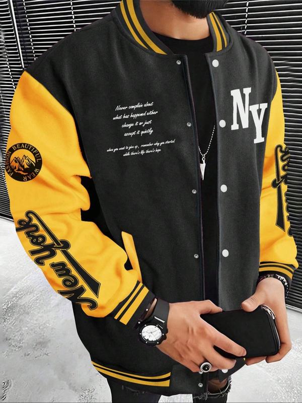 Men's Letter Print Baseball Collar Bomber Jacket, Loose Casual Sporty Long Sleeve Varsity Jacket for Fall & Winter, Men's Outerwear for Daily Wear