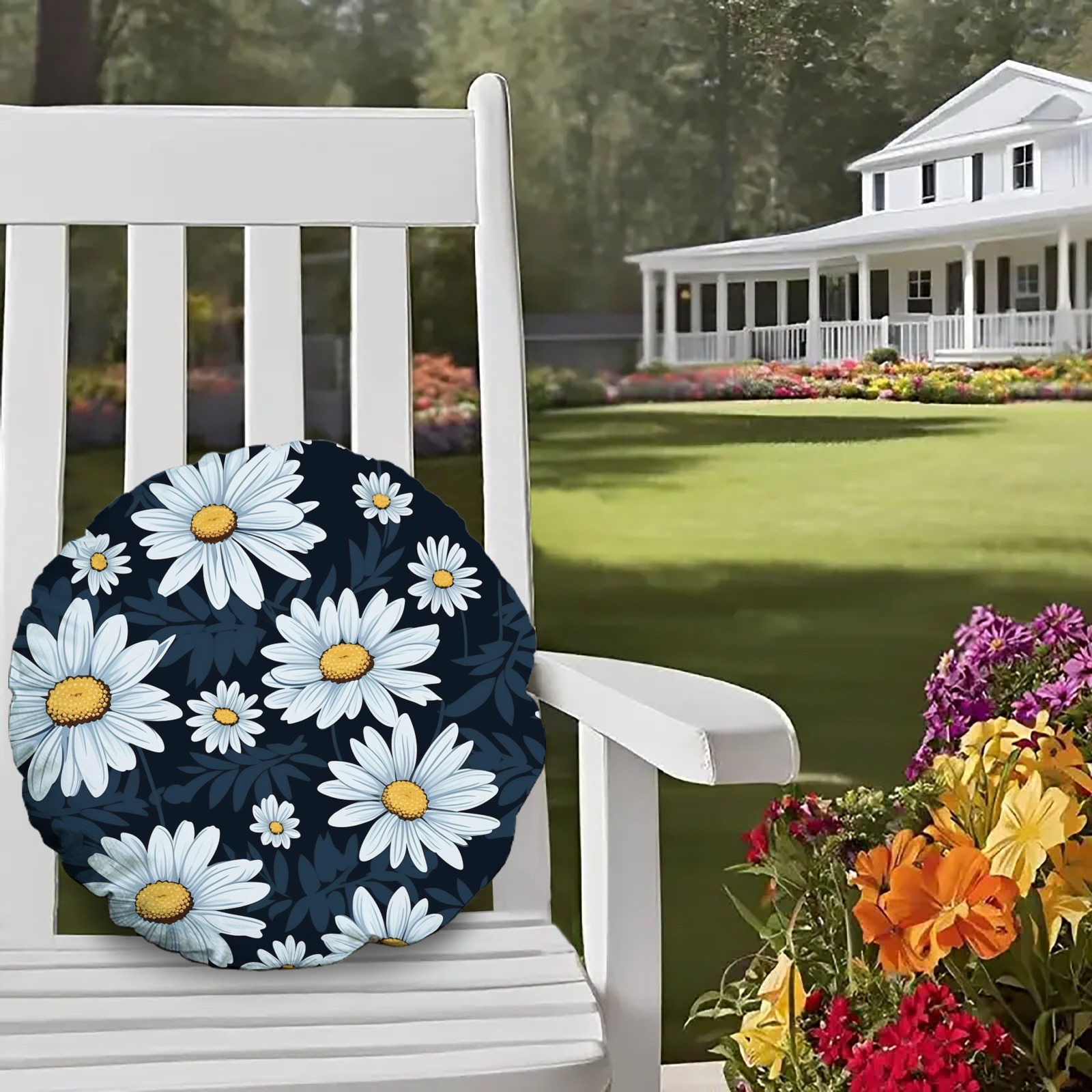Daisy Print Round Decorative Cushion for Indoor Home Decor