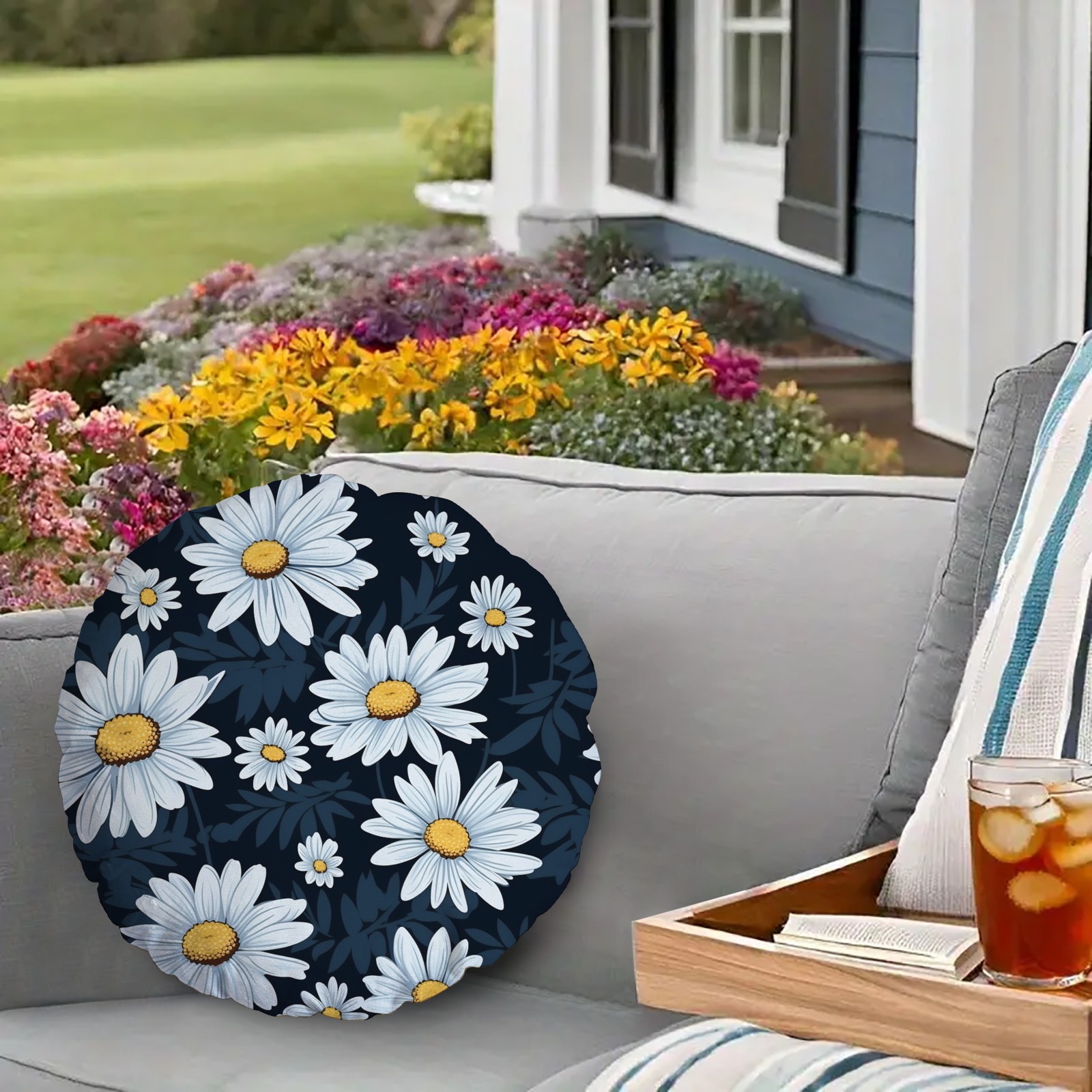 Daisy Print Round Decorative Cushion for Indoor Home Decor
