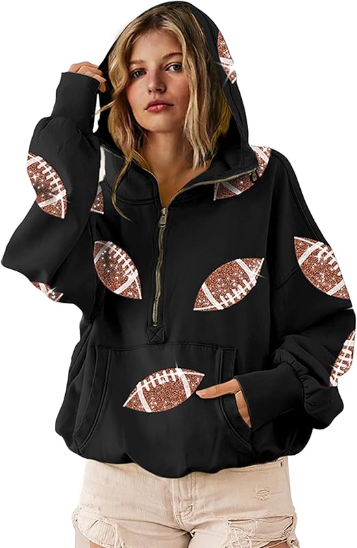 Womens Game Day Sweatshirts Football Sequin Hoodies Tailgate Outfits Long Sleeve Zipper Sweaters with Pocket