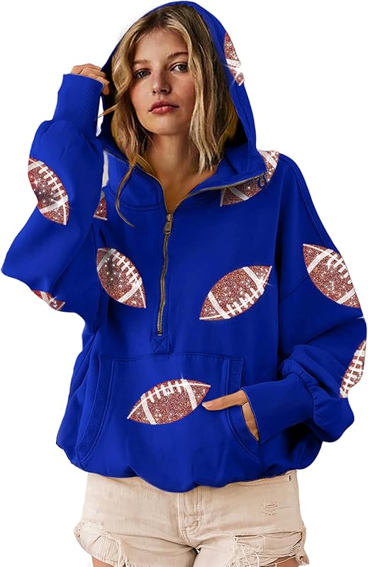 Womens Game Day Sweatshirts Football Sequin Hoodies Tailgate Outfits Long Sleeve Zipper Sweaters with Pocket