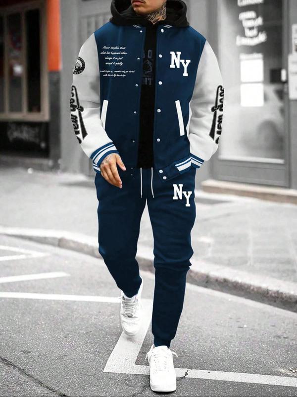 Men's Letter Print Slogan Baseball Jacket & Pants Two-piece Set, Loose Casual Long Sleeve Baseball Collar Outerwear & Trousers for Daily Wear, Men's Two-piece Outfits for Fall & Winter