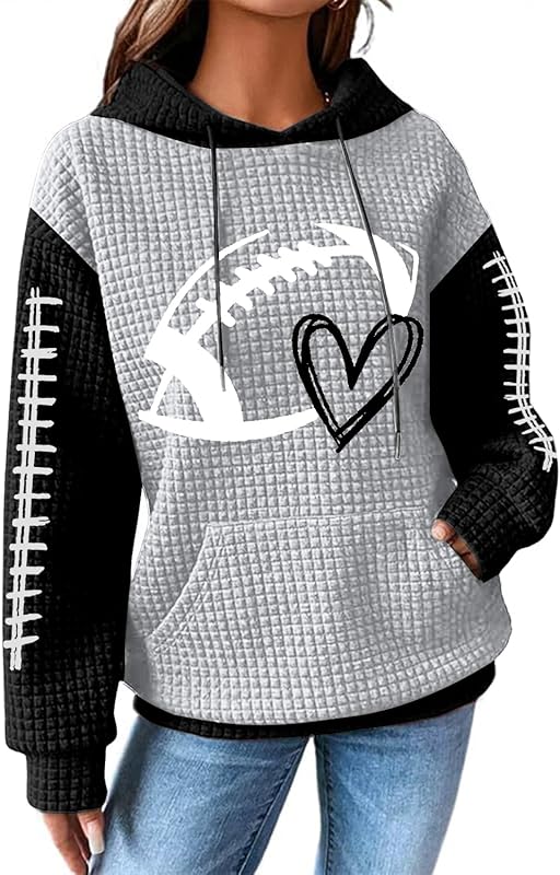 Game Day Hooded Sweatshirt Women Funny Football Graphic Shirt Waffle Knit Game Day Pullover Hoodies Long Sleeve