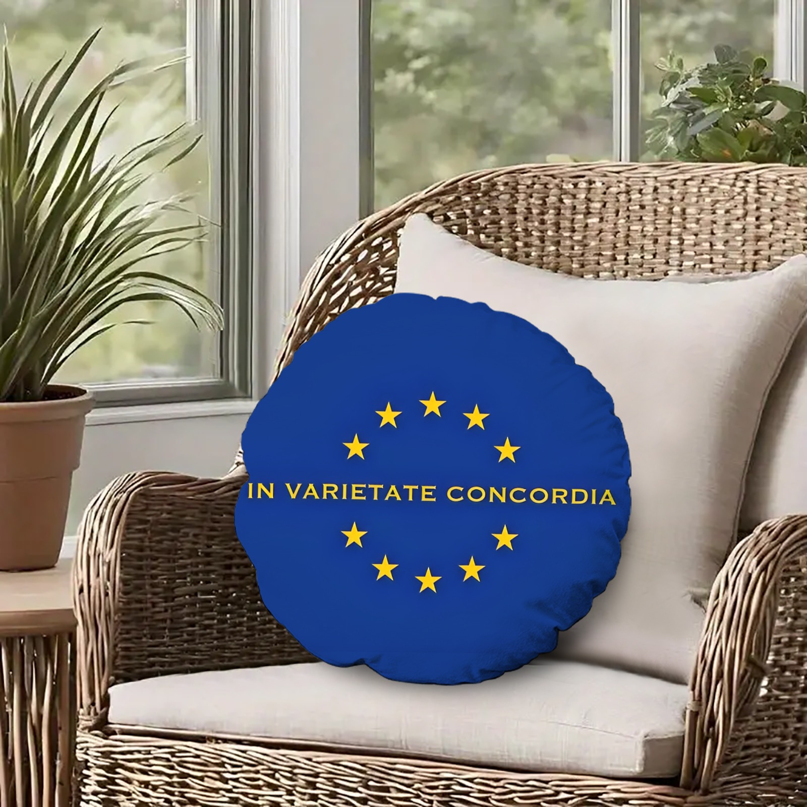 European - Inspired Round Throw Pillow with "In Varietate Concordia" Motif