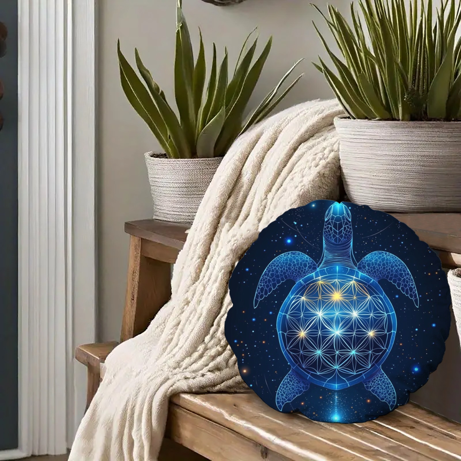 Mystical Sea Turtle Print Round Throw Pillow, for Outdoor White Rocking Chair, Couch, Sofa, Bed, 18 Inch, Navy Blue-Pixelunique