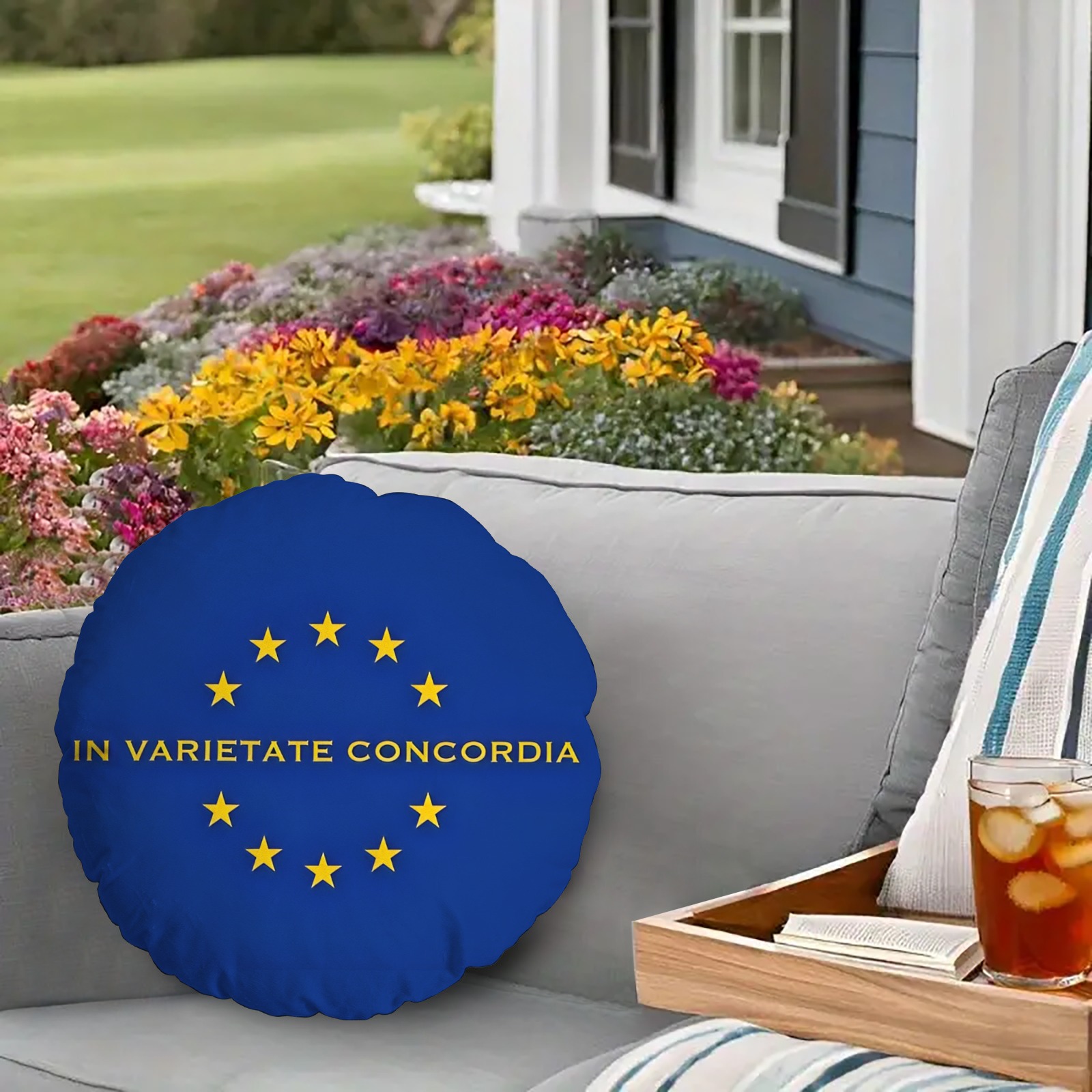 European - Inspired Round Throw Pillow with "In Varietate Concordia" Motif