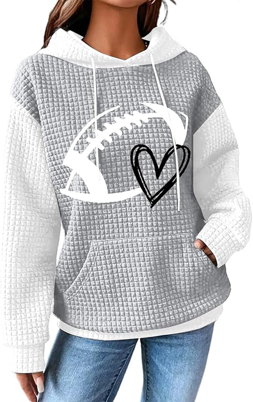 Game Day Hooded Sweatshirt Women Funny Football Graphic Shirt Waffle Knit Game Day Pullover Hoodies Long Sleeve