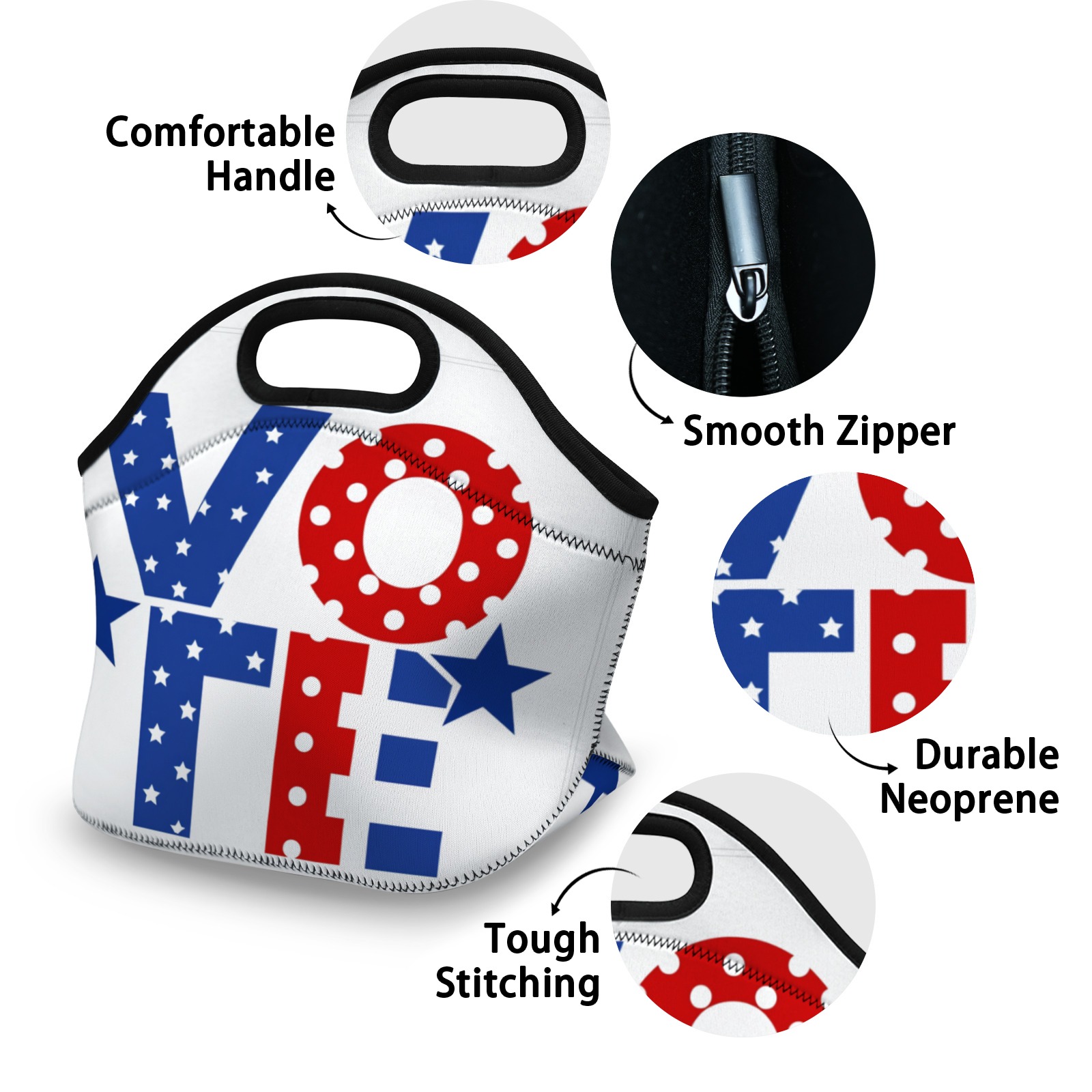 Patriotic ��VOTE�� Graphic Neoprene Lunch Bag - Insulated Tote for Work & Picnics Bullet Points