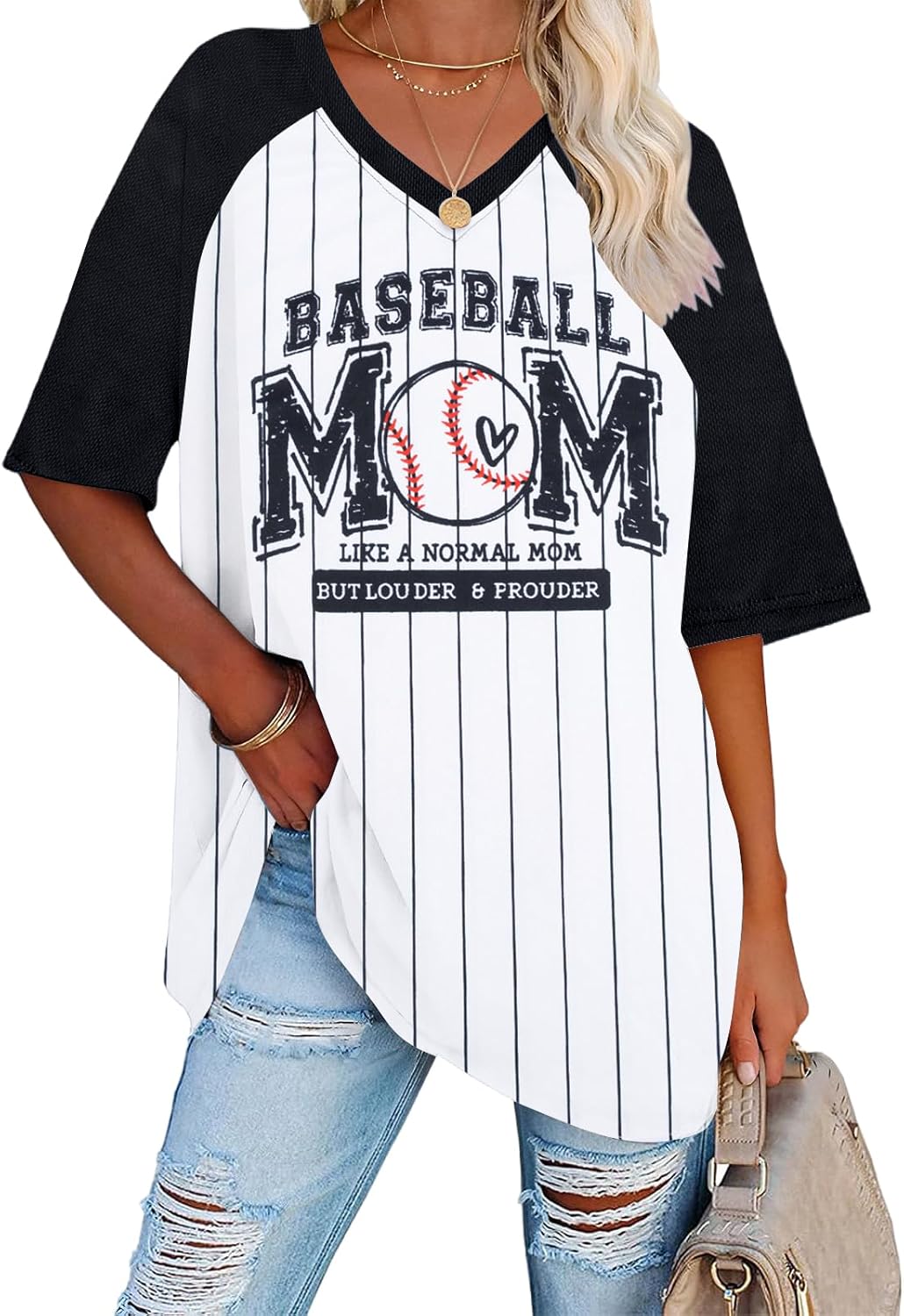 Baseball Mom Shirts for Women - Oversized V Neck Baseball Jersey Shirt Stripe Graphic Print Casual Tops Tees