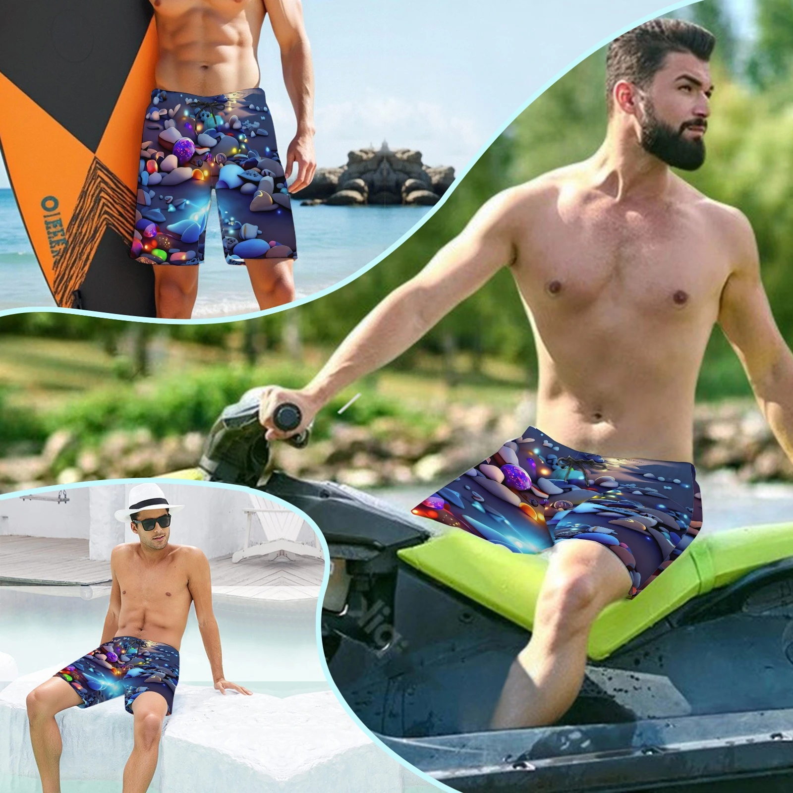 Men's Smiley Emoji Print Beach Shorts