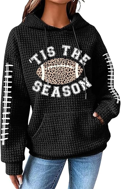 NEWWEN Game Day Sweatshirt Women Football Graphic Shirt Football Mom Waffle Knit Hoodie Game Day Long Sleeve Pullover Tops