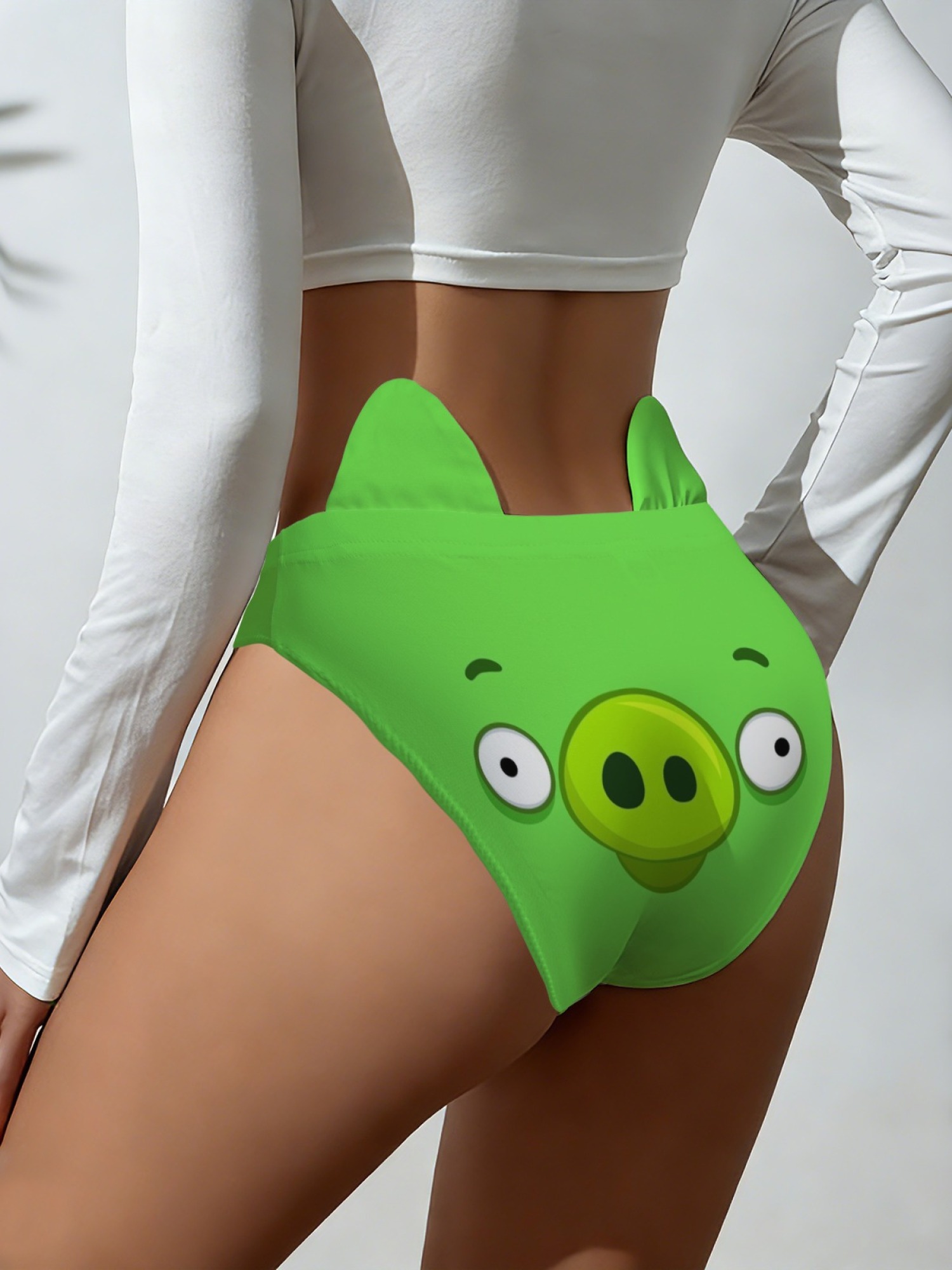 Women's Cute Green Pig Cartoon Print Panties - Funny Novelty 3D Ear Briefs