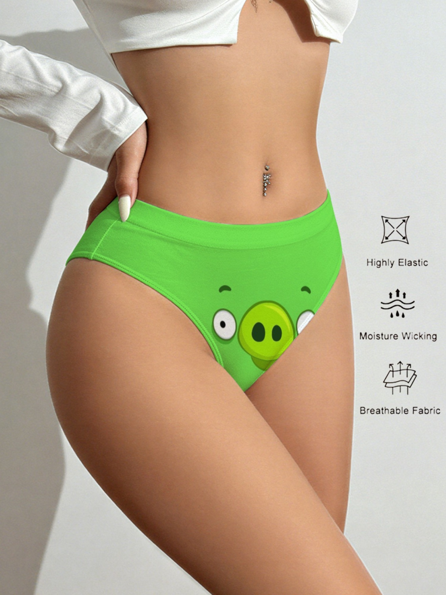 Women's Cute Green Pig Cartoon Print Panties - Funny Novelty 3D Ear Briefs