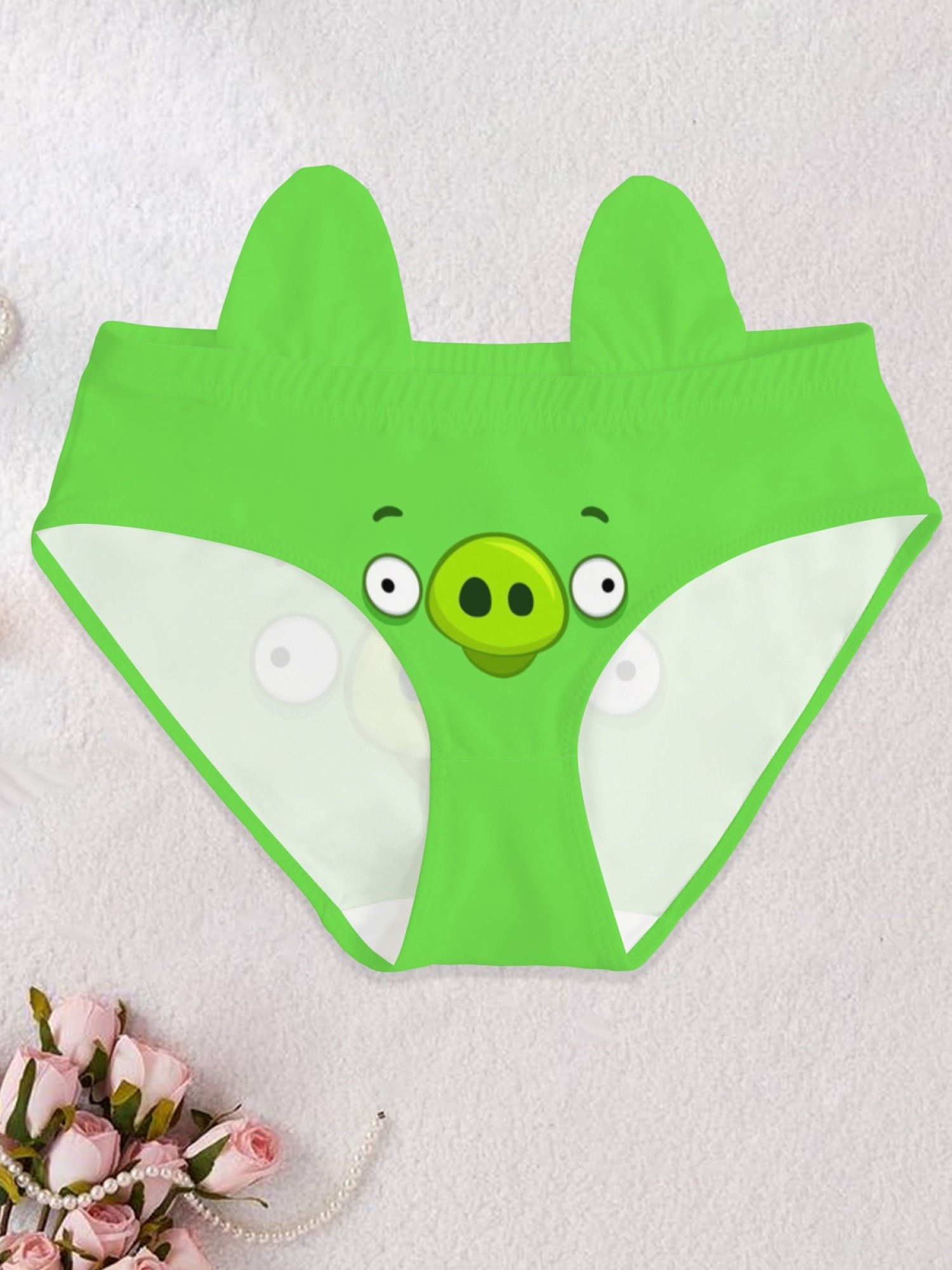 Women's Cute Green Pig Cartoon Print Panties - Funny Novelty 3D Ear Briefs