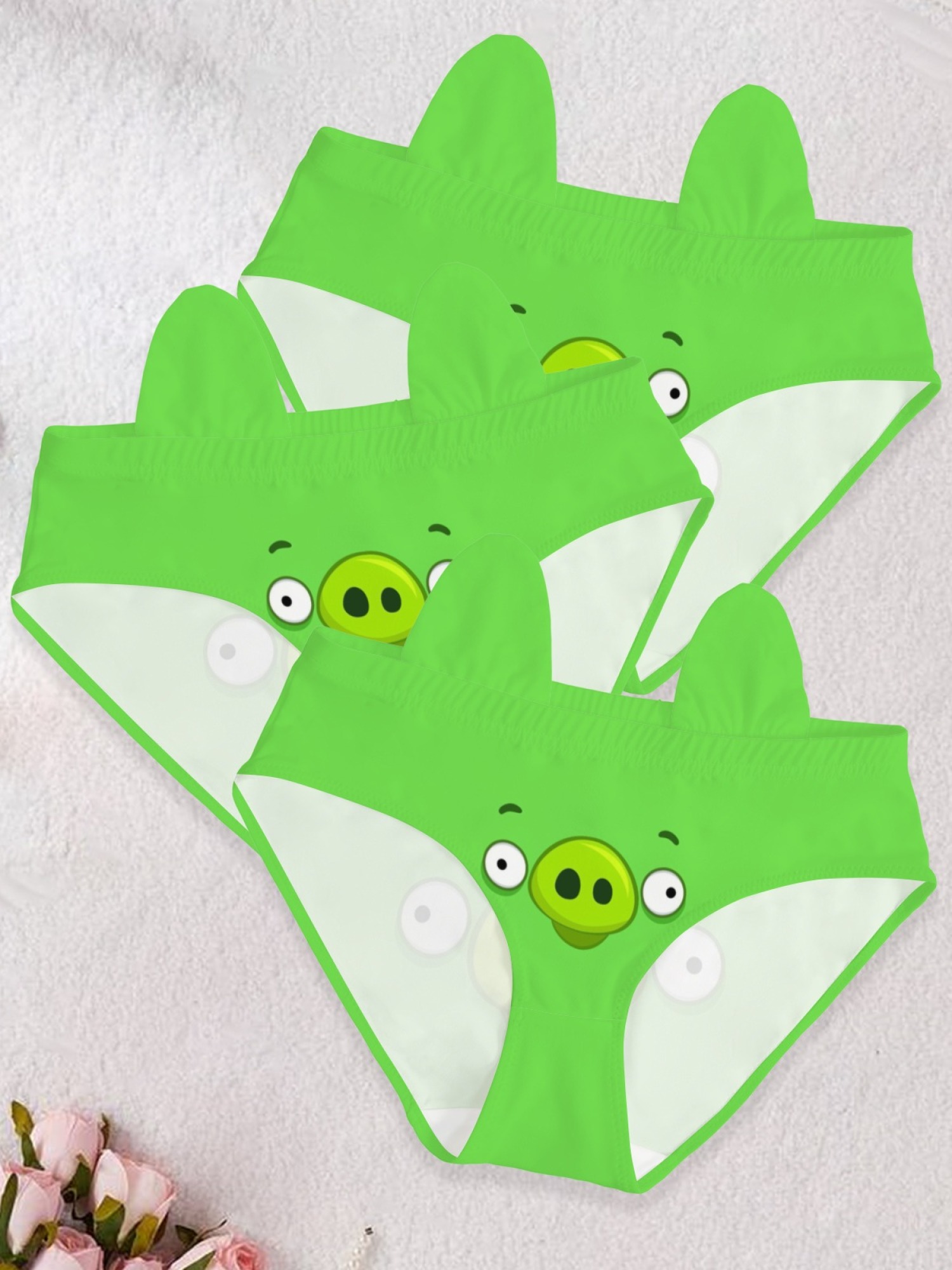 Women's Cute Green Pig Cartoon Print Panties - Funny Novelty 3D Ear Briefs