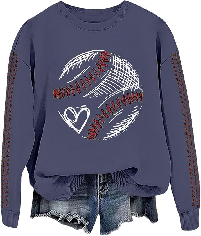 Baseball Mom Sweatshirt For Women Heart Printed Crewneck Long Sleeve 2025 Pullover Tops