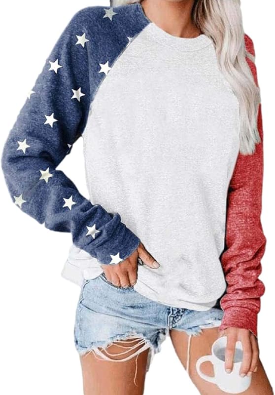 Womens Long Sleeve Shirt Baseball Shirt Mom Shirt American Flag Shirt Star Sweatshirt
