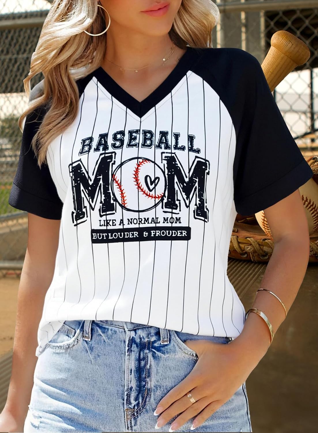 Baseball Mom Shirts for Women - Oversized V Neck Baseball Jersey Shirt Stripe Graphic Print Casual Tops Tees