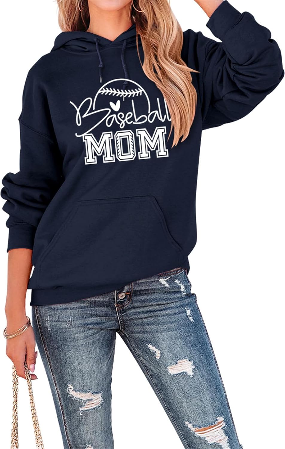 Womens Hoodies Baseball Mom Letter Graphic Sweatshirt Long Sleeve Casual Hooded Pullovers Fall Loose Lightweight Tops