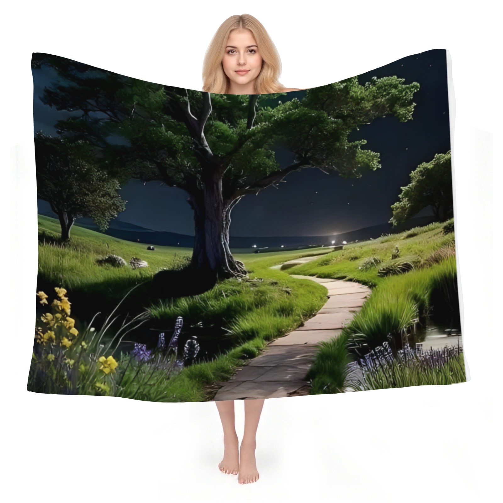 Enchanted Night Tree Landscape Throw Blanket, Lightweight Cozy Fleece Blanket for Bed, Sofa, Couch, Nature - Inspired Decor-Pixelunique