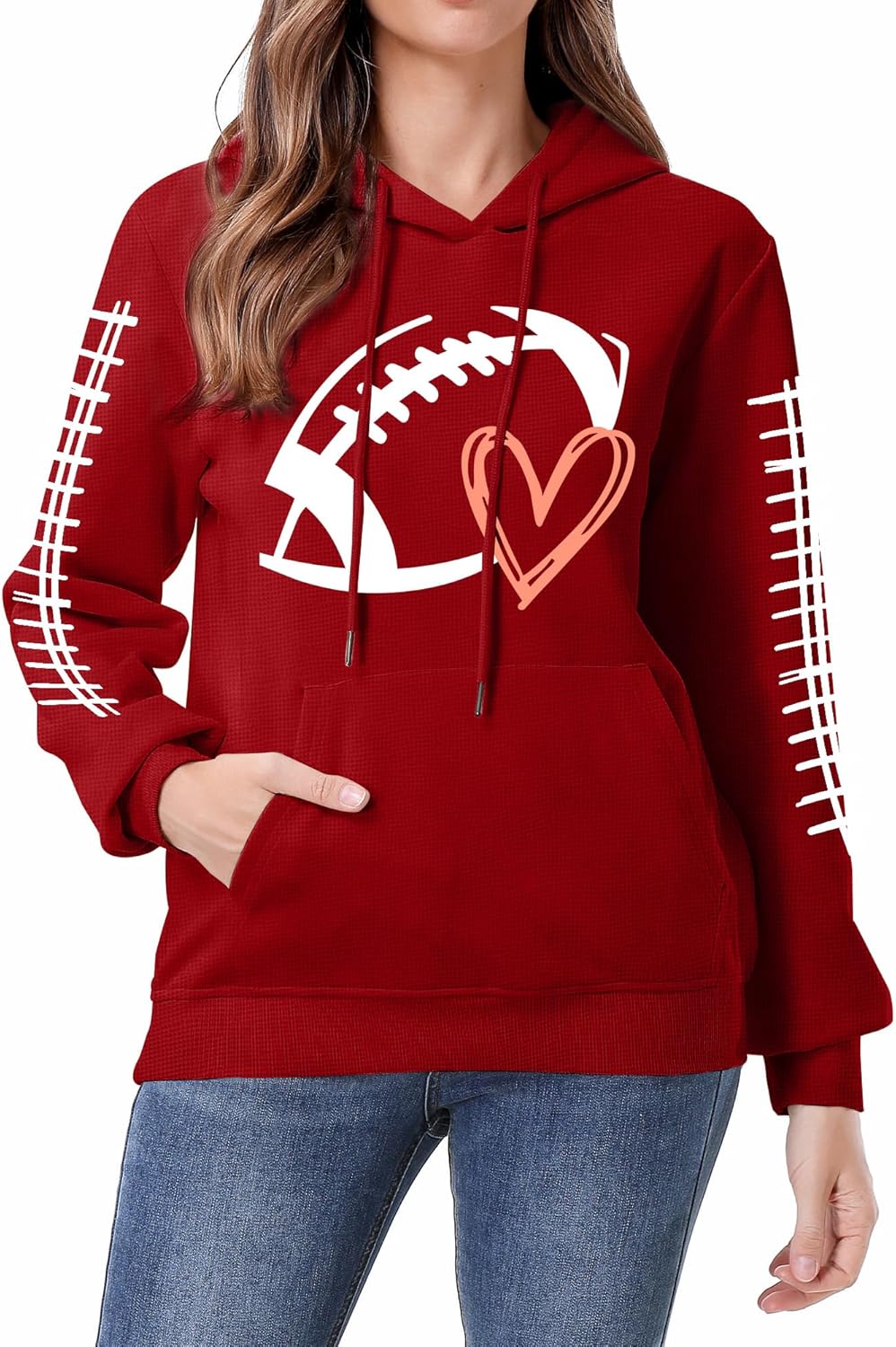 NEWWEN Game Day Sweatshirt Women Football Graphic Shirt Football Mom Waffle Knit Hoodie Game Day Long Sleeve Pullover Tops