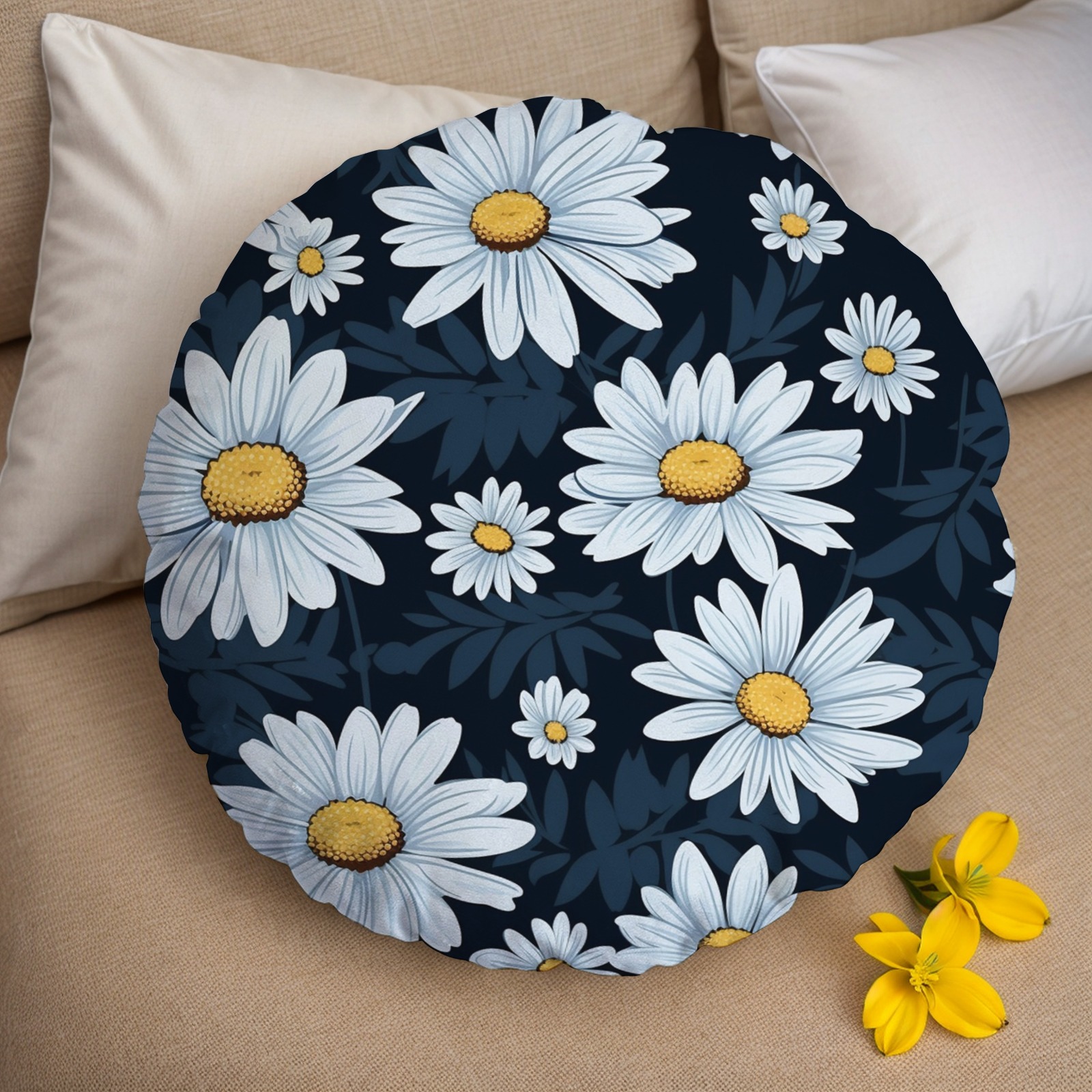 Daisy Print Round Decorative Cushion for Indoor Home Decor