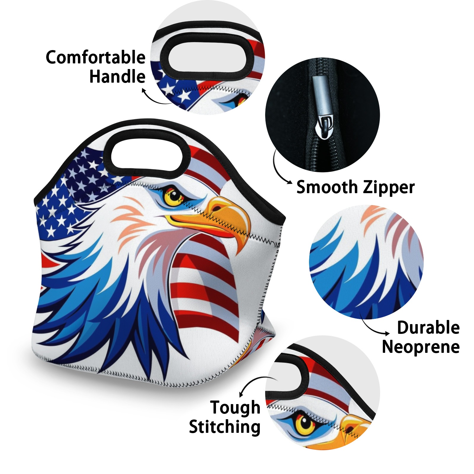 American Eagle & Flag Neoprene Lunch Bag - Insulated Tote for Work, Picnics-Pixelunique