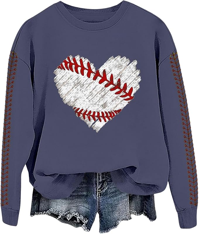 Baseball Mom Sweatshirt For Women Heart Printed Crewneck Long Sleeve 2025 Pullover Tops