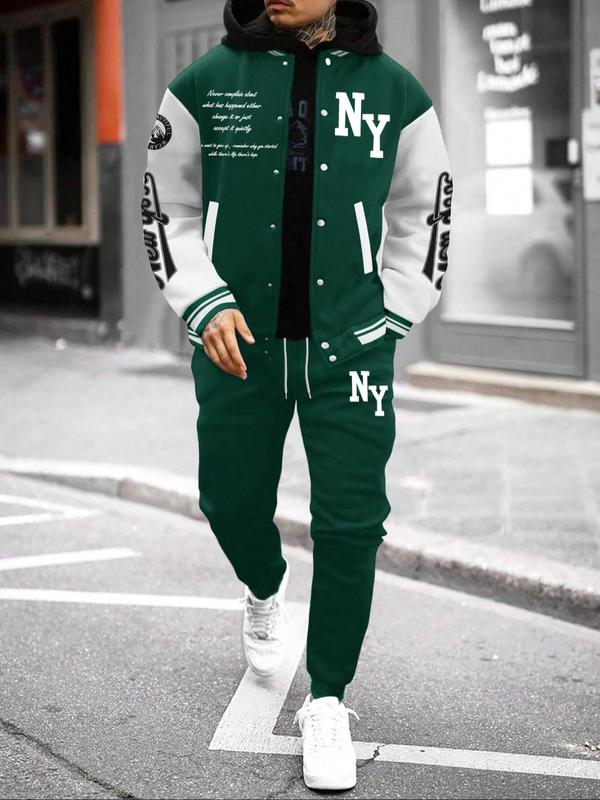 Men's Letter Print Slogan Baseball Jacket & Pants Two-piece Set, Loose Casual Long Sleeve Baseball Collar Outerwear & Trousers for Daily Wear, Men's Two-piece Outfits for Fall & Winter