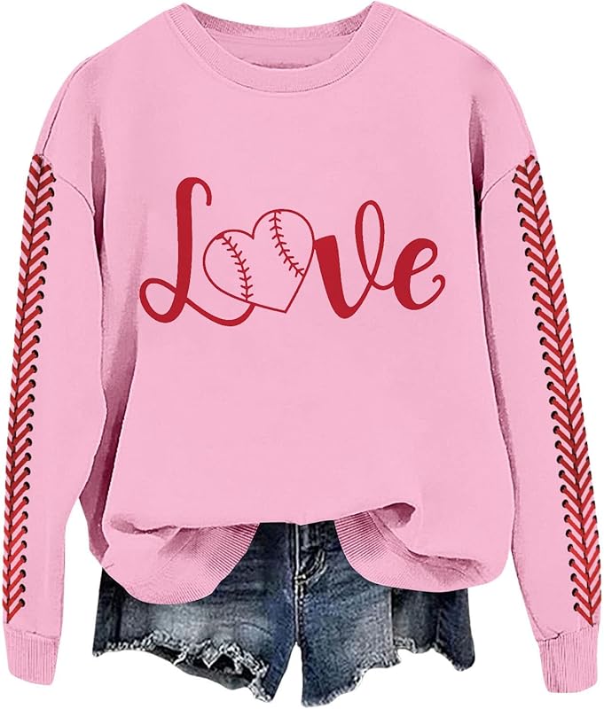 Baseball Mom Sweatshirt For Women Heart Printed Crewneck Long Sleeve 2025 Pullover Tops