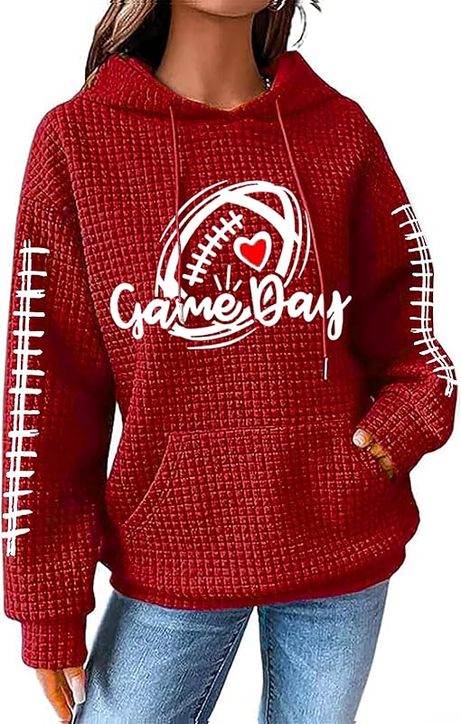 NEWWEN Game Day Sweatshirt Women Football Graphic Shirt Football Mom Waffle Knit Hoodie Game Day Long Sleeve Pullover Tops