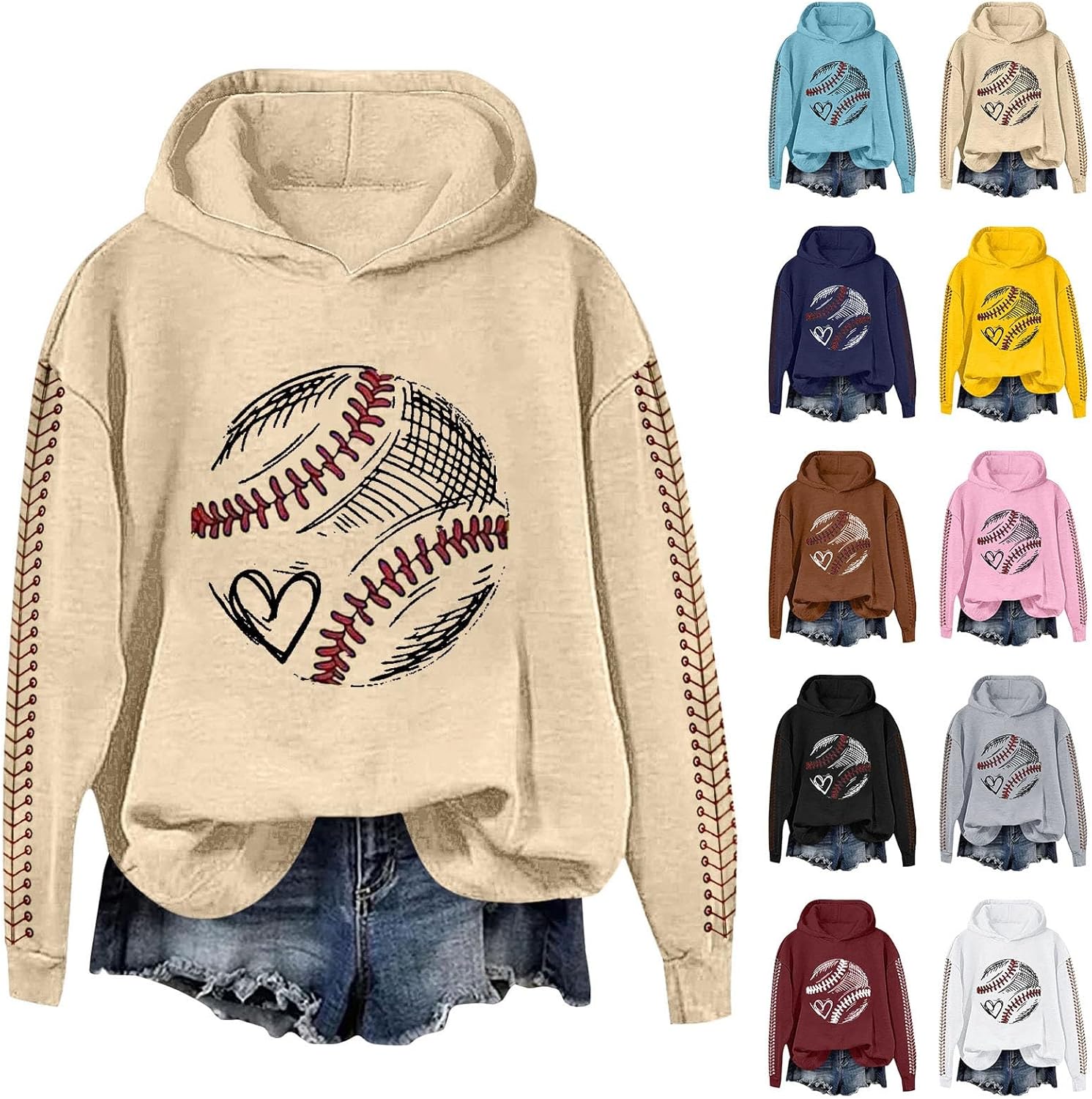 Heart Baseball Mom Hoodie For Women Mama Crewneck Long Sleeve Hooded Pullover Sweatshirts Tops 2025