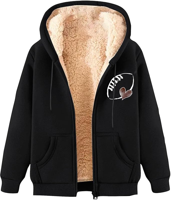Game Day Sweatshirt Women Fleece Sherpa Lined Jacket Zip Up Football Sweatshirts Fall Warm Winter Coat with Pockets