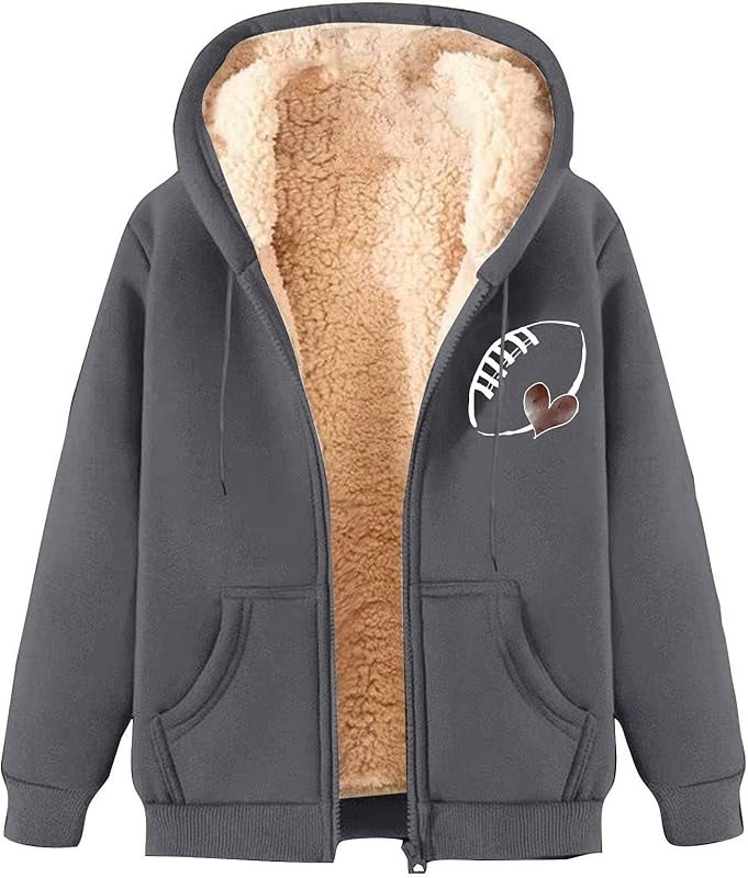 Game Day Sweatshirt Women Fleece Sherpa Lined Jacket Zip Up Football Sweatshirts Fall Warm Winter Coat with Pockets