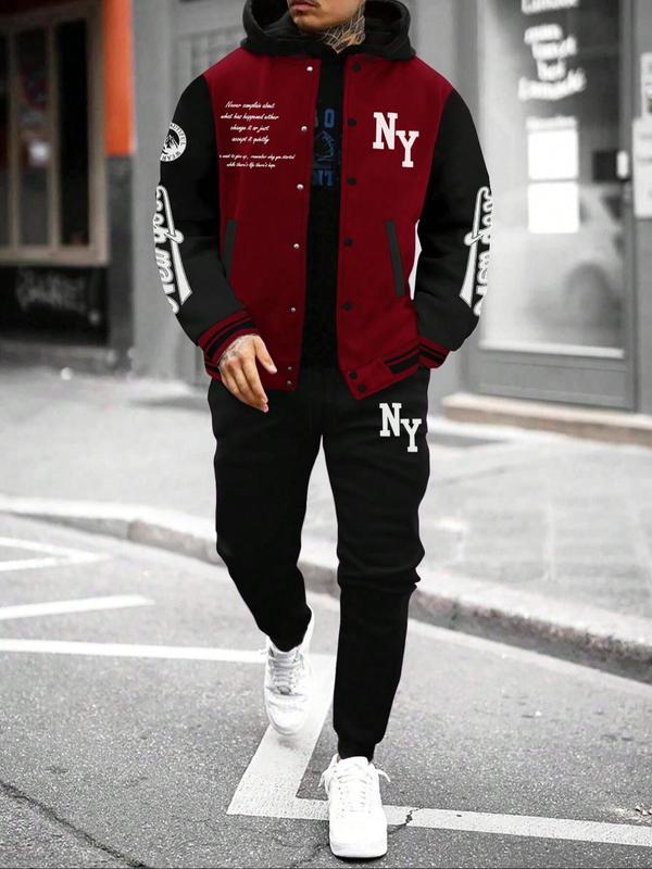 Men's Letter Print Slogan Baseball Jacket & Pants Two-piece Set, Loose Casual Long Sleeve Baseball Collar Outerwear & Trousers for Daily Wear, Men's Two-piece Outfits for Fall & Winter